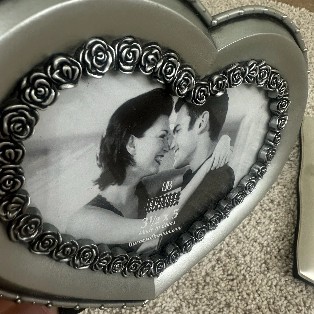 Vintage Burnes of Boston Picture Frame Metal Heart Shaped Rose Trim Silver Tone